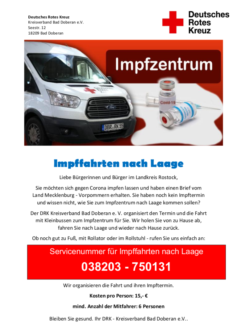 Impffahrten des DRK zum Impfzentrum Laage Stadt Kröpelin